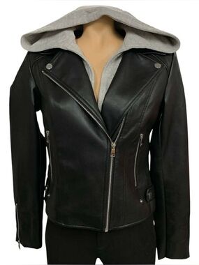 Lamarque NWT Black Leather Moto Jacket with Gray Hood Size M